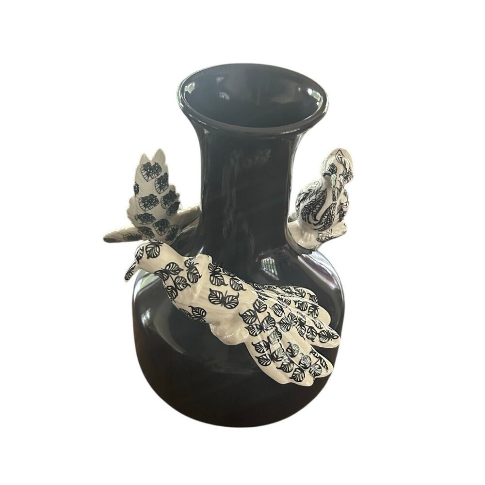 Anthropologie Black Vase‎ Black White Color Vintage Art Birds Home Decoration